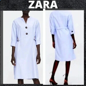 Zara Basic midi Tunic Dress with big chunky buttons and waist cinched belt❤️